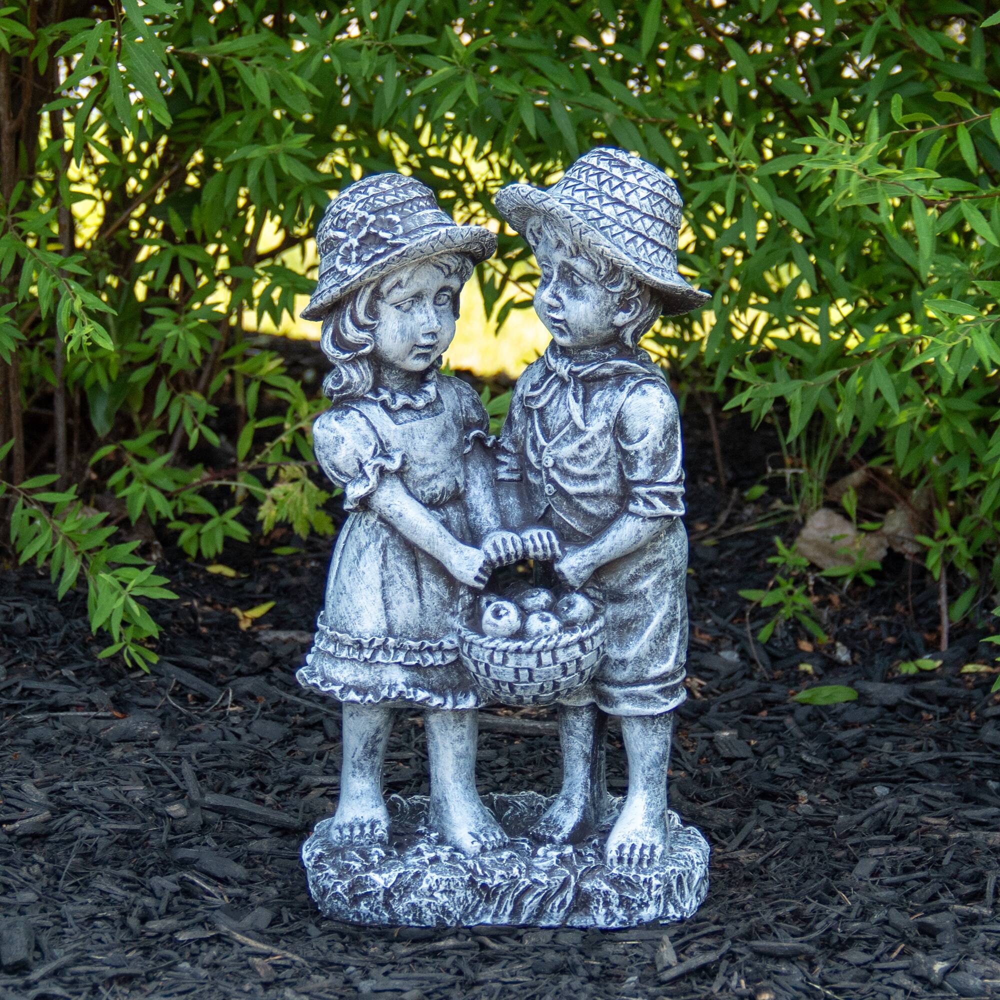 13" Boy & Girl Apple Picking Outdoor Garden Statue